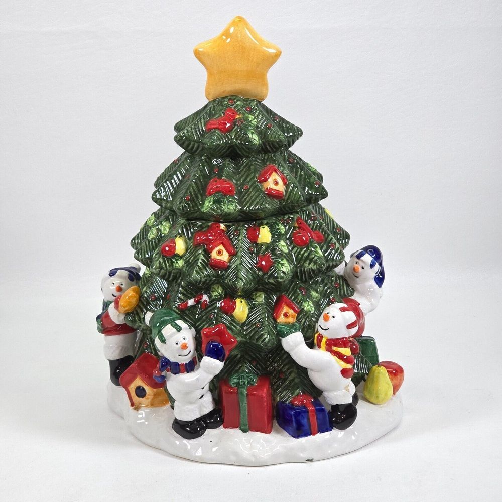 VTG 1990s Home Trends Christmas Tree Cookie Jar Ceramic Snowman Bird Cottagecore